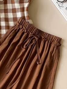 Muvela New Spring/Summer Coffee Brown Elastic Waist Drawstring Adjustable Ruched A-Line Skirt, Versatile Summer Outfit - Brown - View 6