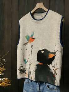 GlowEve CURVE Áo len gile nữ cỡ lớn 2026 thời trang, tối giản, đa năng, cổ tròn, phối màu, in hình mèo con, màu kaki, hoàn hảo cho mặc hàng ngày. - Xám - Xem 4