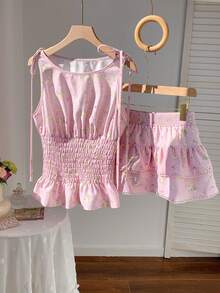 SHEIN X YERIMUA Comfortcana Bộ đồ 2 mảnh dành cho nữ: áo kiểu bèo nhún vai buộc dây và chân váy ngắn, thời trang cho các buổi hẹn hò và đi chơi. - Hồng - Xem 6