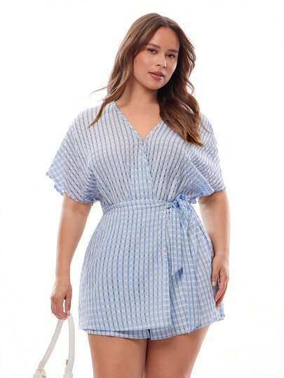 Solavibe Mono de mujer talla grande con cuello en V, cintura con lazo y pantalón corto tipo línea A, de tela texturizada a cuadros para primavera/verano y vacaciones