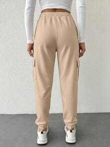 100%Cotton Flap Pocket Side Drawstring Waist Cargo Pants - Beige - View 2
