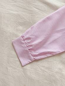 SHEIN Vintaside Kids 少女春季粉白条纹学院风翻领衬衫，适合休闲外出、上学、与朋友聚会、派对、情人节等场合。 - 粉色 - 查看 7