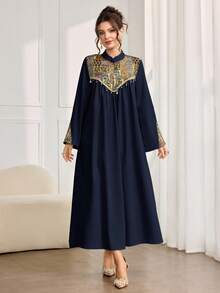 Al Najma Vestido modesto de estilo árabe de jacquard de moda para mujeres - Azul Marino - Ver 2