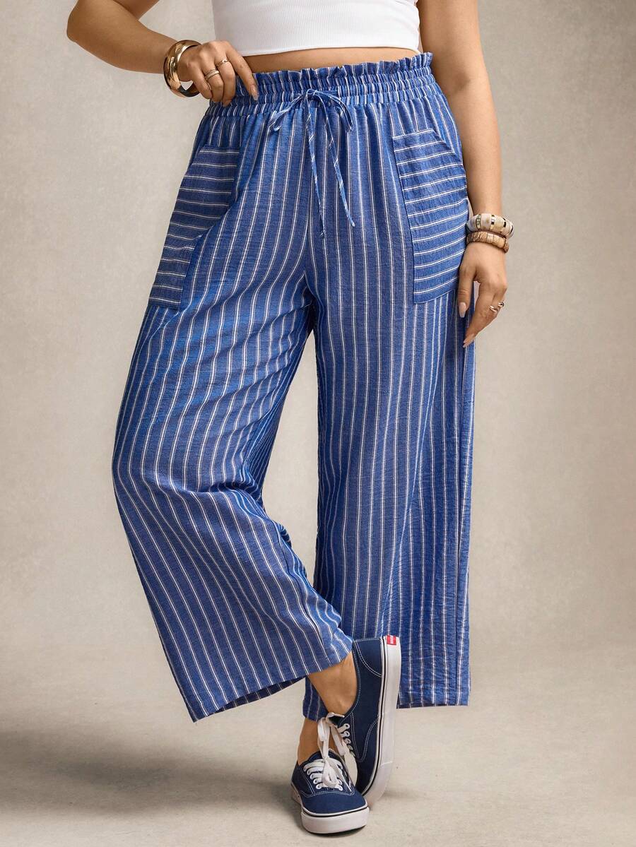 Zelara Plus Size Women's Valentine Striped Print Summer High Waist Loose Casual Pants With Pockets, Suitable For Fall And Autumn