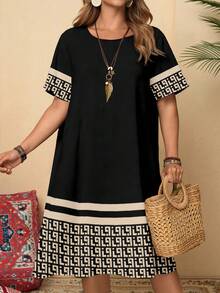 Rusticease Robe d'été décontractée grande taille à imprimé géométrique patchwork - Multicolore - Voir 3