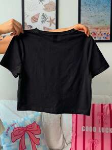 SHEIN EZwear 休闲简约海星、贝壳和花卉印花圆领短袖修身短款女式T恤，适合夏季穿着 - 黑色 - 查看 2