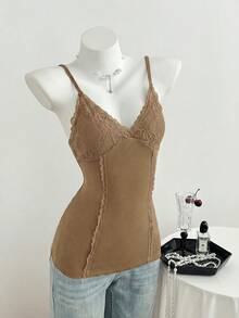Elamini Women's Lace Patchwork, Knitted High Elasticity Ribbed Camisole Tan Tops Women Camisole Tops For Women Women's Tops For Summer Lace Undershirt Layering For Ladies Lace Cami Undershirt Inner Camisole For Dress Lace Camisole - Coffee Brown - View 4