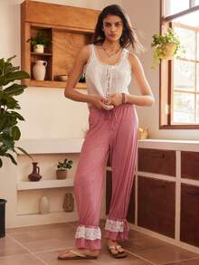 Bohemian Vacation Lace Trim High Quality Gauze Knit Fabric Comfortable Soft Flexible Ankle Women Pajama Bottoms - Grey - View 4
