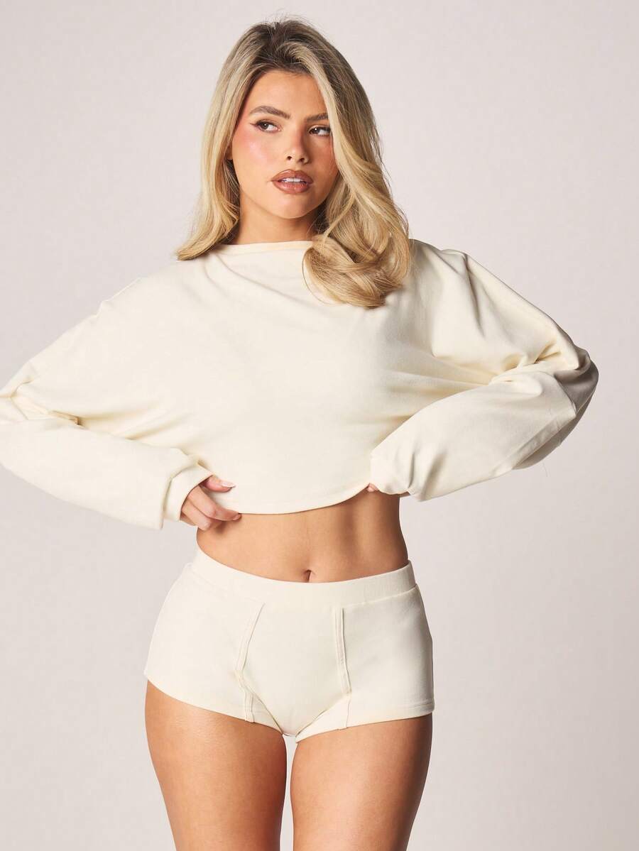 MISSGUIDED Conjunto de chándal de sudadera de cuello redondo de manga larga oversize y shorts de tiro alto tipo culotte, conjunto de ropa de estar en casa casual y cómoda de dos piezas para invierno y otoño - Beis - Ver 1