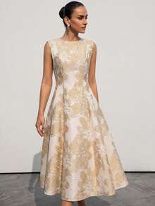 Aveloria Modichic New Elegant Dignified Elegant Women's Date High-End Luxury Minimalist Exquisite Jacquard Fabric Round Neck Sleeveless Waist Slimming Flared Dress - Apricot - View 3