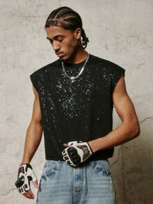 PAVTROS Men's Casual Shiny Round Neck Tank Top, Summer - Black - View 6