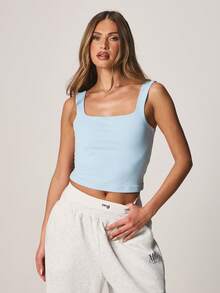 MISSGUIDED Slinky Square Neck Sleeveless Tank Top Fitted Crop Length Casual Summer Spring Versatile Basic Essential Comfortable Stretchy Lightweight Everyday Wear Layering Piece - Blue - View 1