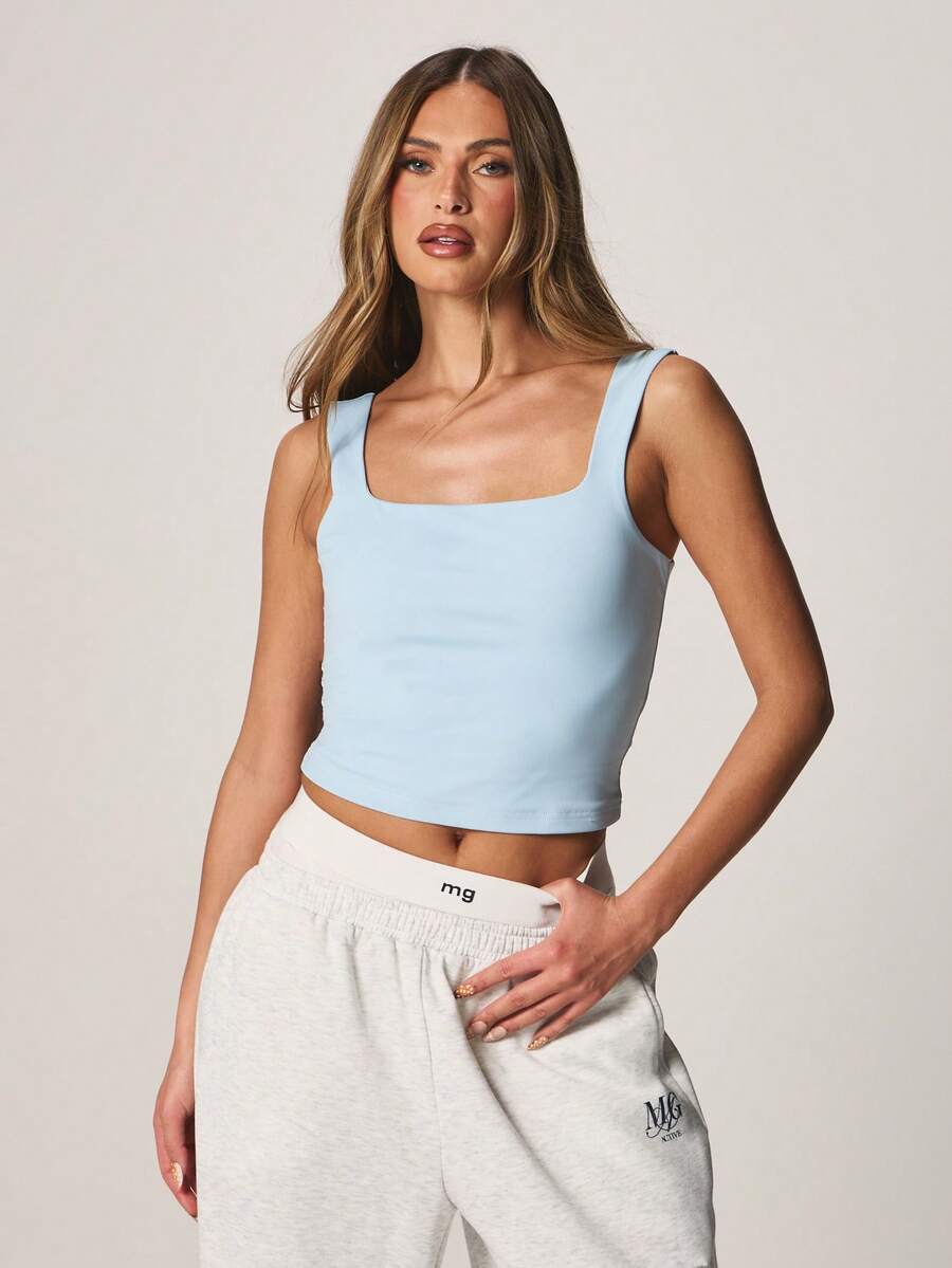 MISSGUIDED Slinky Square Neck Sleeveless Tank Top Fitted Crop Length Casual Summer Spring Versatile Basic Essential Comfortable Stretchy Lightweight Everyday Wear Layering Piece - Blue - View 1