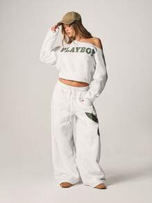 Missguided x Playboy Off Shoulder Logo Graphic Pullover Sweatshirt Casual Oversized Long Sleeve Crop Top Fall Winter Comfort - Light Grey - View 5