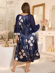 LuxeNights Mature Elegant Floral Print Lace Mesh Nightgown, Contrast Color Print Nightgown, Elegant Romantic Long Dress Nightgown For Plus Size - Multicolor - View 2