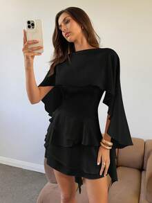 Vestido azul sólido sin mangas con chal desmontable para mujer, vestido mini sexy, lindo y romántico retro para citas - Negro - Ver 6