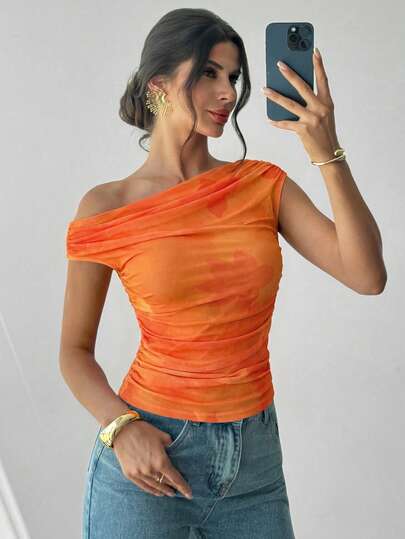 Firerie Women's Asymmetric-Shoulder Tie Dye Print Ruched Asymmetric Neck T-Shirt Blouse, Printed Blouse, Asymmetric Shoulder Top, Suitable For Spring/Summer, Beach, Commute, Elegant, Sexy, Vacation, Bohemian, Hawaii, Music Festival, Romantic, Date