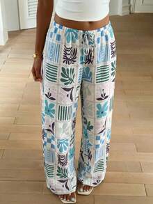 Aloruh Quần nữ kiểu dáng thường ngày, in họa tiết toàn thân, cạp chun, có dây rút. - Màu xanh lam - Xem 3