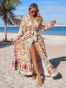 Swim Vcay Damen Blumen-Muster Langarm Loose Comfortable Sexy Elegant Urlaubs Minimalist Wickel Cover Up - Verschiedenfarbig - Übersicht 6