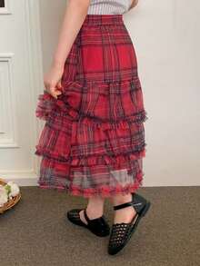 DAZY Young Girls Plaid Ruffle Hem Casual Versatile Fashion Mini Skirt, Summer - Red - View 4