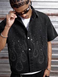 AXEPEAK Men's Washed Short Sleeve Shirt With Rhinestone Embellishment - Black - View 5