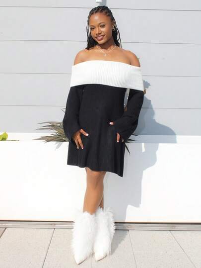 Steph T 法式复古优雅休闲简约假日日常露肩撞色黑白长喇叭袖A字短裙，适合秋冬季派对婚礼宾客女士毛衣裙