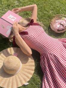 SHEIN MOD 加大码圆领无袖撞色滚边蝴蝶结装饰腰部喇叭格子连衣裙，圣诞节和新年 - 紅白色 - 查看 7