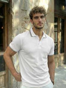 Manfinity BRENVOR Men Color Block Simple Knitted Casual Short Sleeved Polo Shirt Button Up White Work Polo Shirt - White - View 1