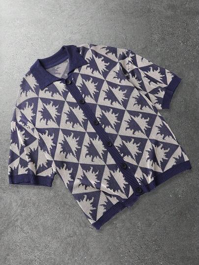 ROMWE MEN Men's Front Button Vintage Casual Everyday Jacquard Breathable Knit Cardigan