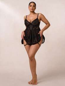 SHEIN BAE Bộ đồ lót lưới ren gợi cảm cỡ lớn cho nữ 4 món có gọng, 2 tất cao đến đùi và quần lọt khe - màu đen - Xem 3