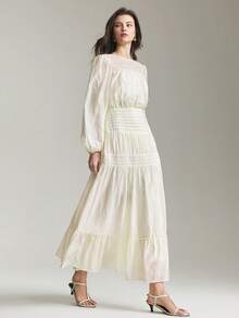 Ontre 女士优雅纯色灯笼袖连衣裙，适合通勤 - 黃色 - 查看 6