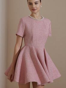 Revavyn Elegante abito mini da donna con collo rotondo, vita stretta e orlo ampio, decorato con cristalli, ispirato all'aristocrazia francese - Rosa - Visualizzare 6