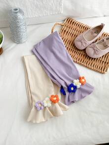 SHEIN Genkimix Kids 2件套 女童甜美可爱弹力罗纹3D立体花朵装饰喇叭裤，紫色和杏色组合，适合春季日常穿着 - 紫色 - 查看 3