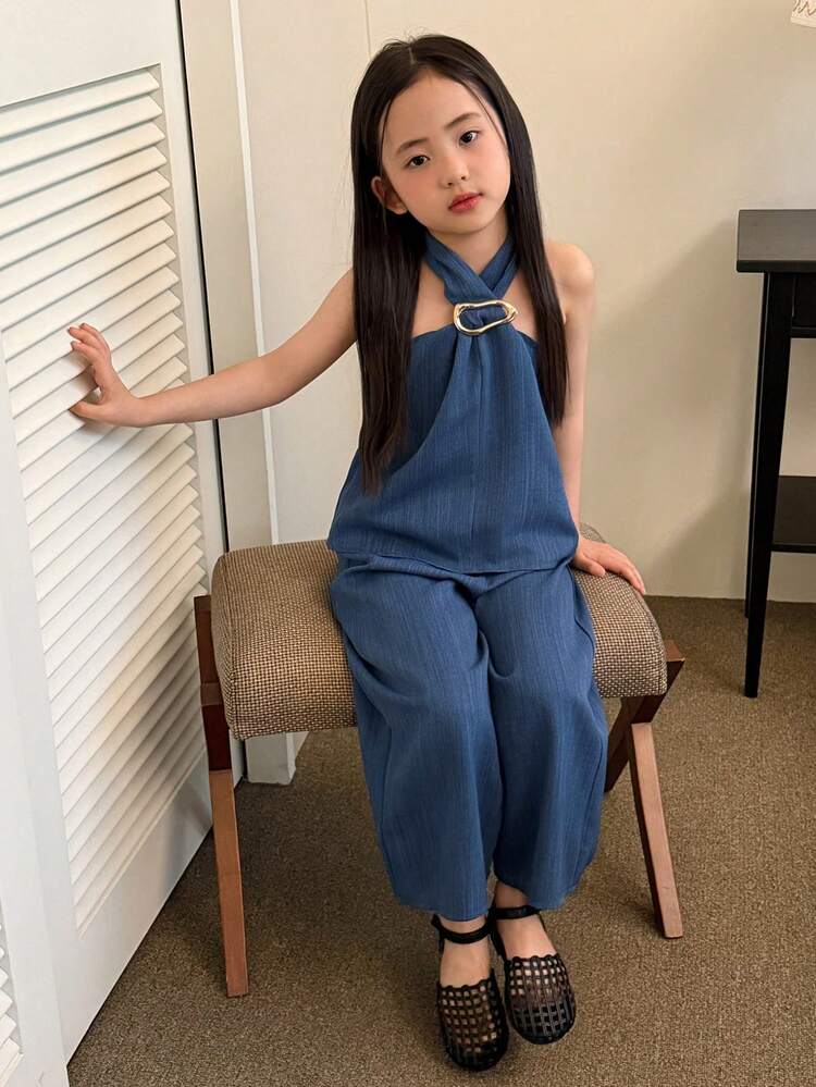 Young Girl Summer Casual Solid Color Halter Top And Pants Set