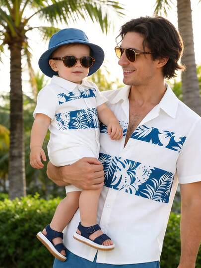 2pcs/Set Baby Boy Summer Countryside Style Leaf Print Polo Shirt And Shorts With Hat, Summer Vacation Set, Leisure Vacation Style