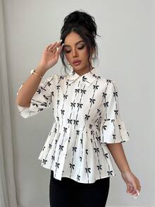 Elenzga Women's Elegant Bowknot Digital Print Ruffle Hem & Cuff Button Down Shirt, Spring/Summer - Apricot - View 1