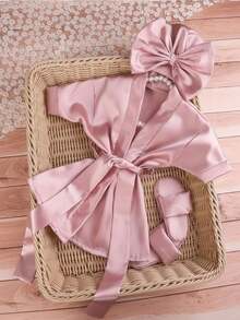 Cute Pink Pajamas, Slippers, And Hat For Newborn Girls - 3-Piece Photography Prop Set. Buy One Get Two Free! Affordable And Comfortable 3-Piece Newborn Baby Set, Featuring A Cute Pink Bow-Tie Pajamas, Slippers, And A Hat, Perfect For Casual Home Wear. - Multicolor - View 4