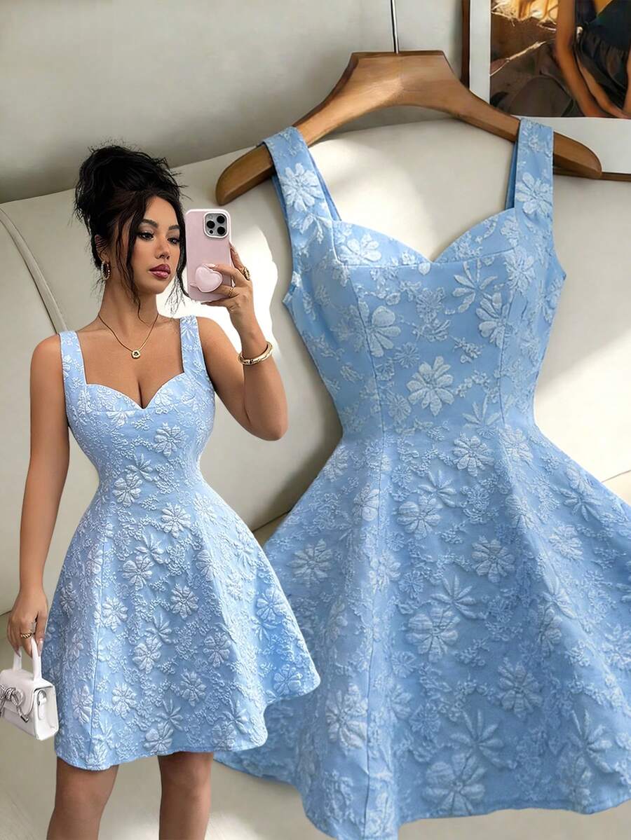 Elenzga 新款方领无袖提花露背系带设计优雅年轻百搭女士短裙 - 藍色 - 查看 1