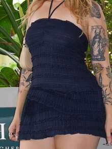 Arliah Vestido corto de verano para mujer con cuello halter, nudo en la cintura y volantes - Azul Marino - Ver 5