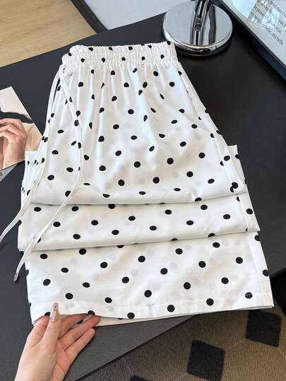 GlowEve CURVE Plus Size Women's Polka Dot Tie Waist Loose Flowy Straight Leg Pants, Suitable For Vacation, Graduation Ceremony, Music Festival, Bohemian Style Belt, 4th Of July Celebration, Casual Commute And Other Occasions, All Season Elegant Maxi Baggy Pants