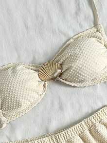 Swim Vcay Conjunto de bikini de 3 piezas para mujer con traje de baño de pantalón corto con cordón de corte alto, decoración de concha dorada y tirantes de espagueti, para primavera/verano 2026 - Albaricoque - Ver 3