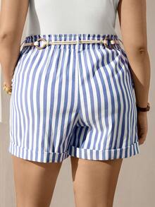 SHEIN LUNE Plus-Size Women's Blue And White Striped High-Waisted Shorts,Summer Beach Vacation Holiday Nautical Bohemian Elastic Waistband Rope Belt Pocket Shorts - Blue and White - View 2