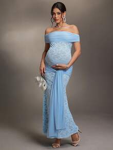 Cheriluna Maternity Light Blue Maternity Mermaid Hem Elegant Design Fitted Long Lace Dress Off Shoulder Dress Maternity Outfit, Summer - Multicolor - View 1