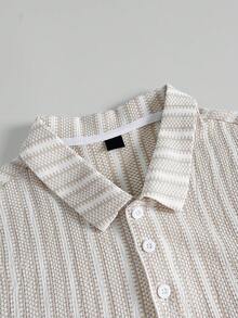 TOKVUE 男式前扣短袖条纹休闲 Polo 衫 - 咖啡棕 - 查看 6