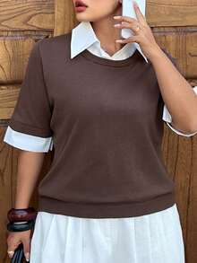 Dazy Plus Plus Size Solid Color Minimalist Short Sleeve Knit Top, Everyday Wear Summer - Brown - View 6
