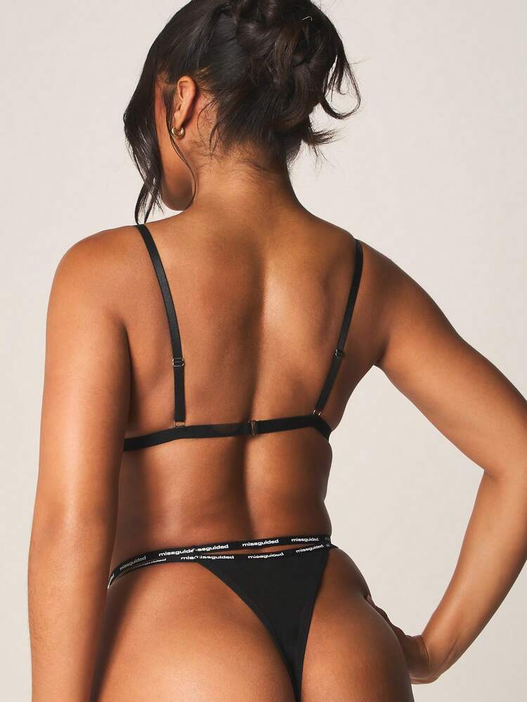 MISSGUIDED Double Strap Branded Tape Detail Thong With Logo Print Intimate Lingerie Underwear