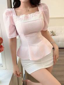 Feyla Women's Puff Sleeve Short Sleeve Square Neck Ruched Waist Elegant Blouse - Pink - View 7