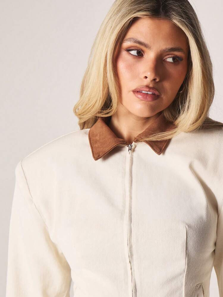 MISSGUIDED Structured Denim Jacket With Brown Suede Collar Long Sleeve Zip Front Cinched Waist Cream Twill Fall Winter