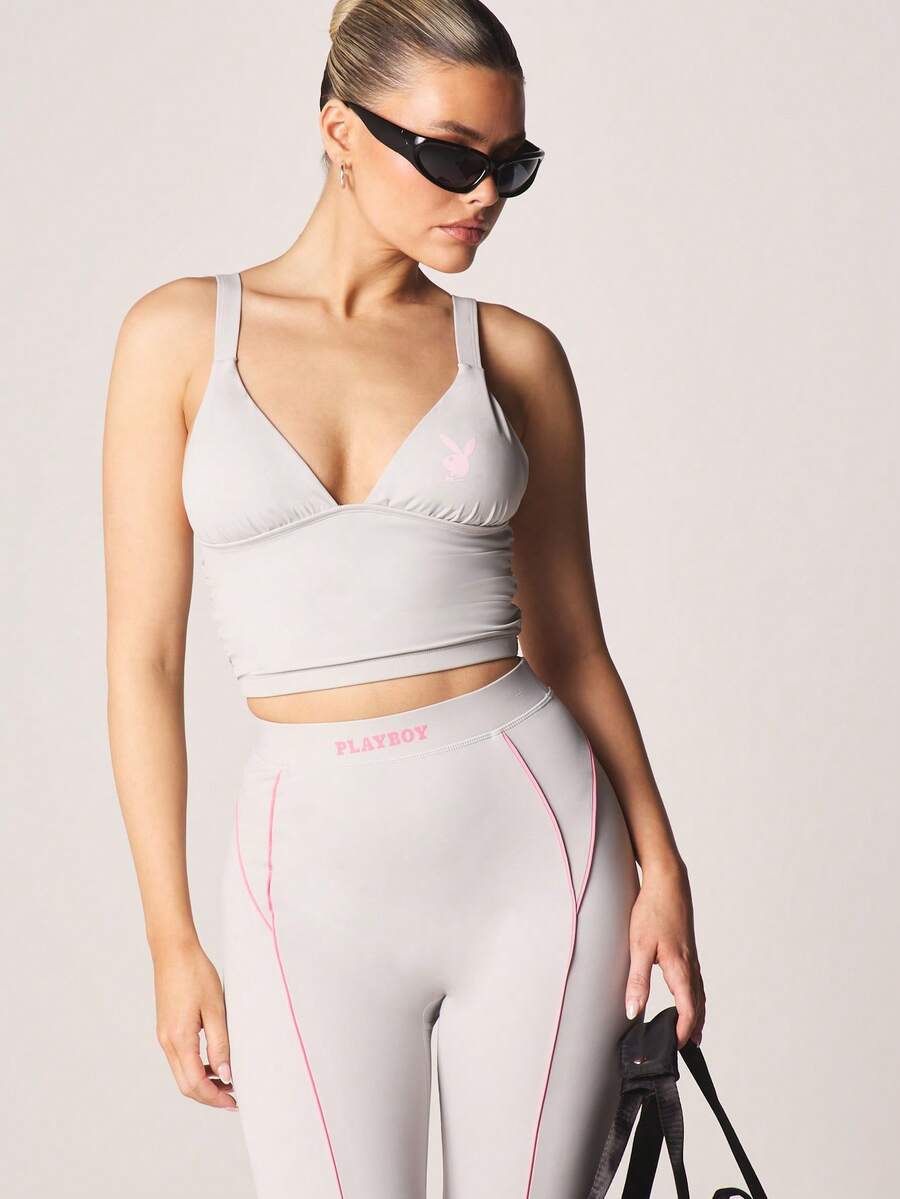Missguided x Playboy 褶皱V领背心，粉色Logo印花，无袖修身运动上衣 - 淺灰色 - 查看 1