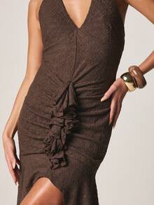 MISSGUIDED Halter Neck Plunge Lace Maxi Dress With Ruched Side Detail Asymmetrical High Low Hem Evening Formal Wear - Brown - View 4